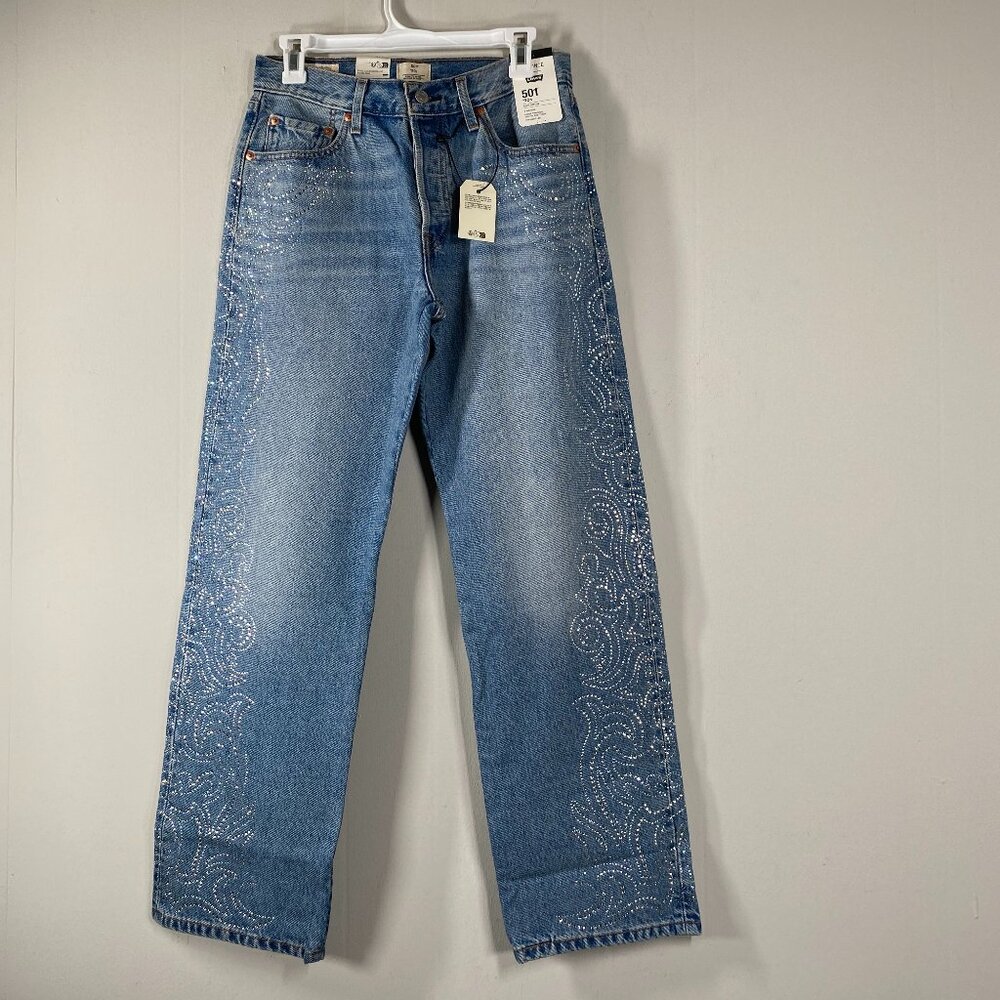 Levi's Premium Beyonce 501 '90s Denim Jeans Women's 27 Blue Rhinestone NWT